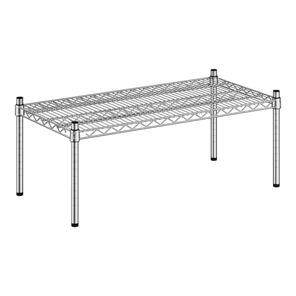 A Regency stainless steel wire dunnage rack on metal legs.