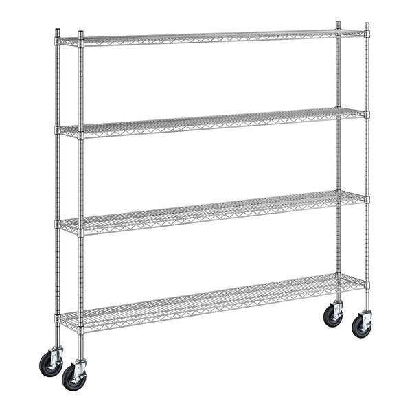 A Regency stainless steel wire shelving starter kit with wheels.