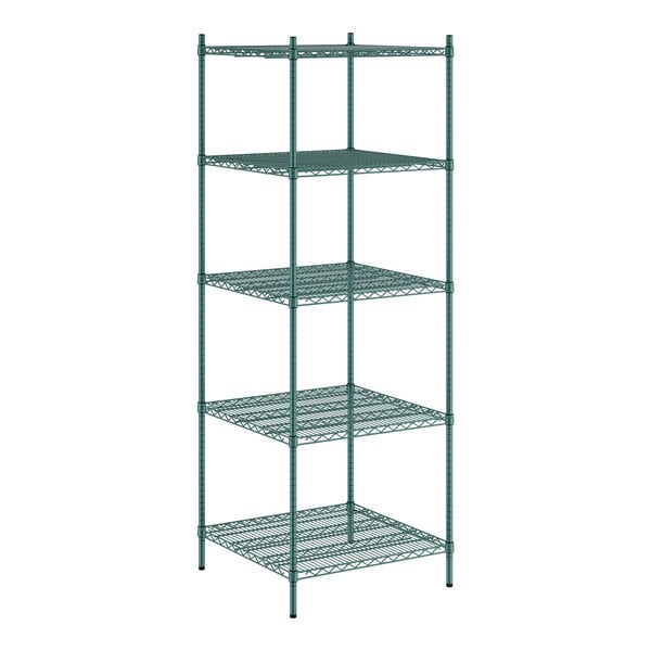 A Regency green wire shelving unit with five shelves.