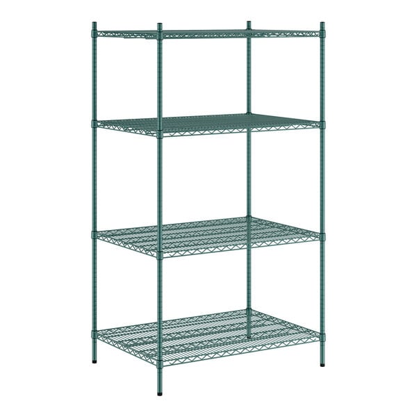 A Regency green metal shelving unit with four shelves.