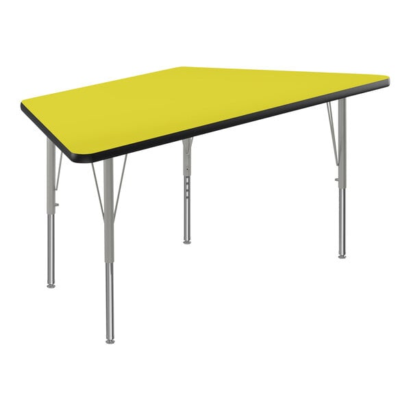 A yellow trapezoid activity table with black edges and silver legs.