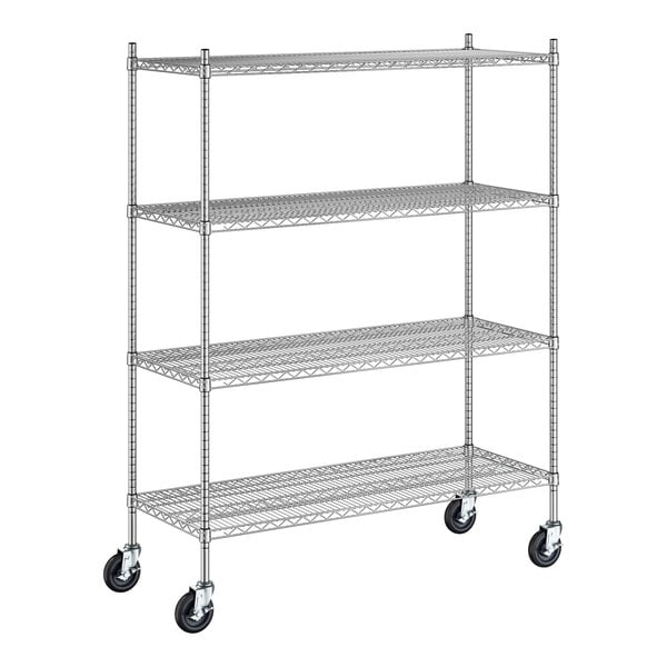 A Regency stainless steel wire mobile shelving unit with 4 shelves and wheels.