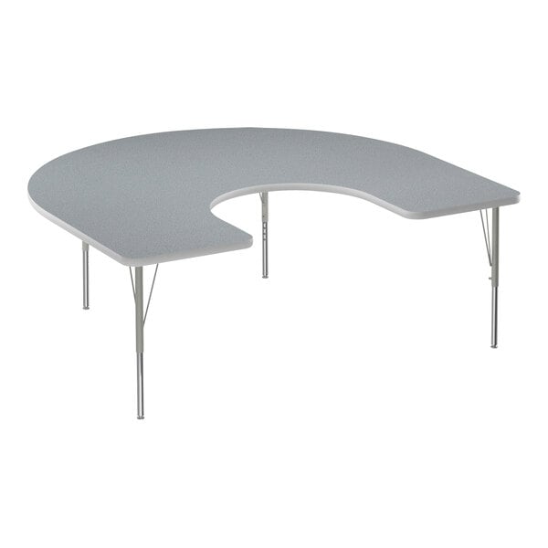 A gray half-moon shaped Correll activity table with silver metal legs.