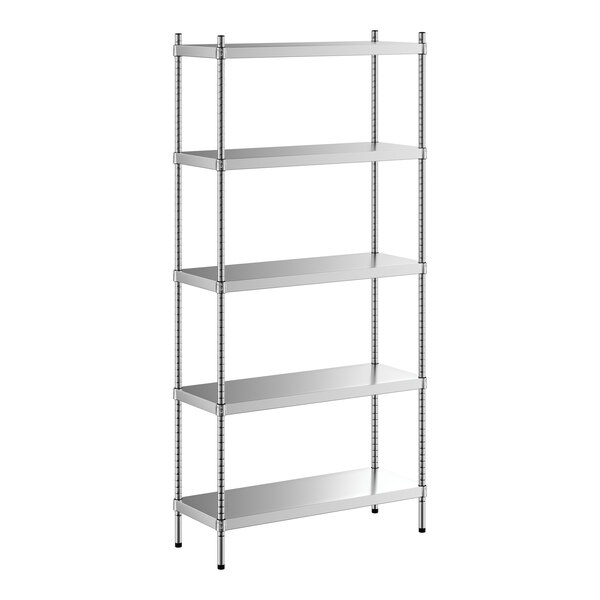 A Regency stainless steel shelving unit with five shelves.