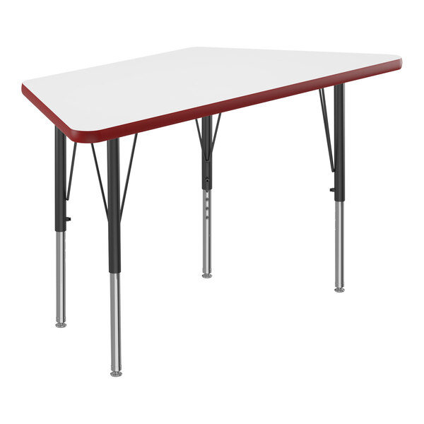 A white trapezoid activity table with a red edge and black legs.