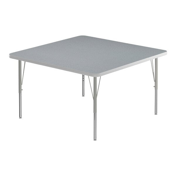 A square Correll activity table with gray top and silver legs.