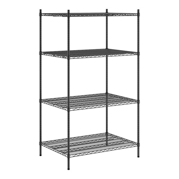 A Regency black wire shelving unit with four shelves.