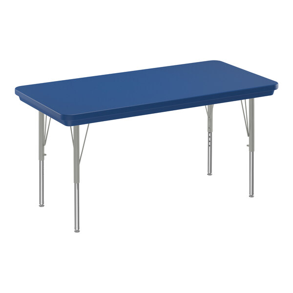 A rectangular blue table with silver legs.