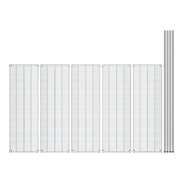 A white rectangular frame with five stainless steel wire shelves.