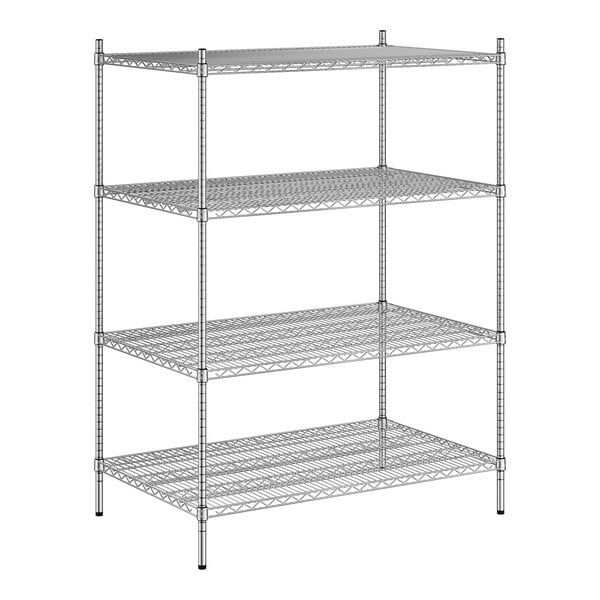 A wireframe of a Regency stainless steel wire shelving unit with 4 shelves.