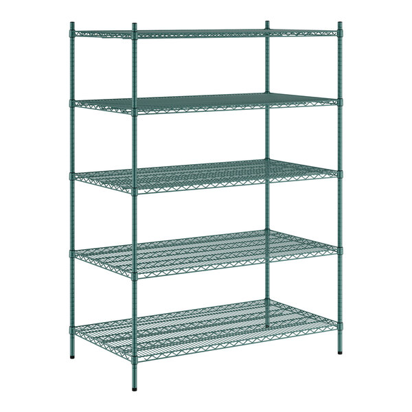 A Regency green metal shelving unit with five shelves.