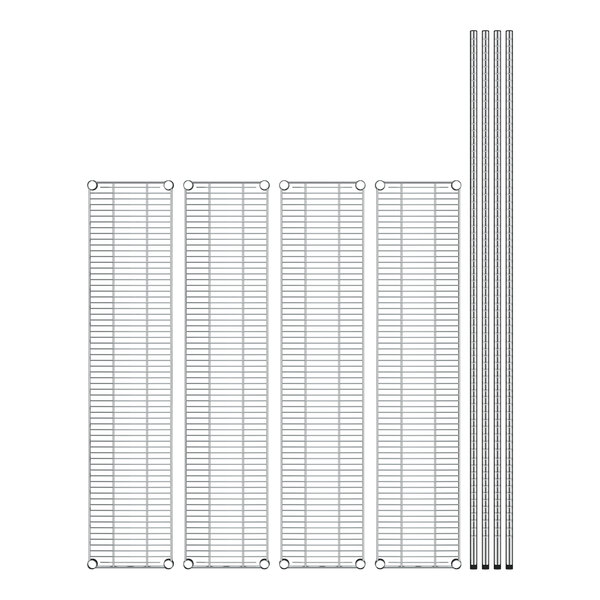 A Regency stainless steel wire rack with four shelves and metal bars.
