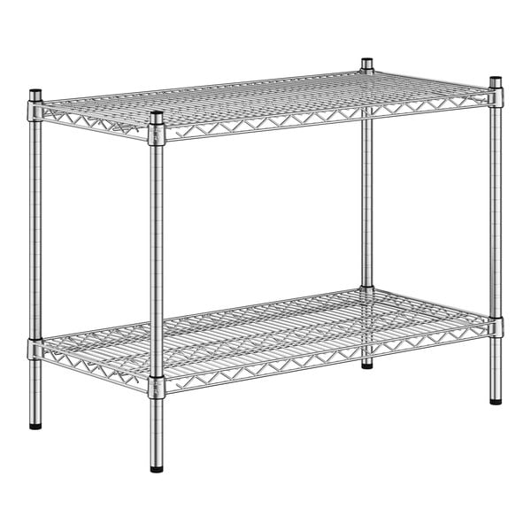 A wireframe of a Regency stainless steel wire shelving unit with 2 shelves.