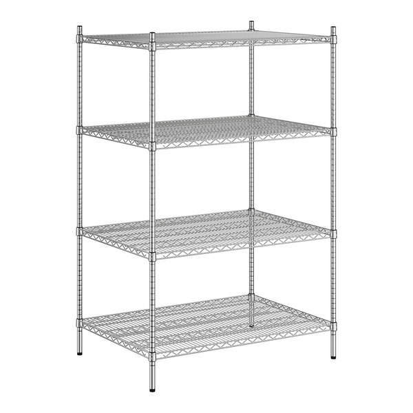 A white metal wire shelving unit with four shelves.