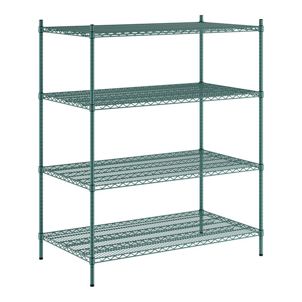 A green metal wire shelving unit with four shelves.