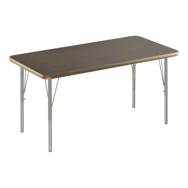 A rectangular Correll activity table with a walnut top and silver metal legs.
