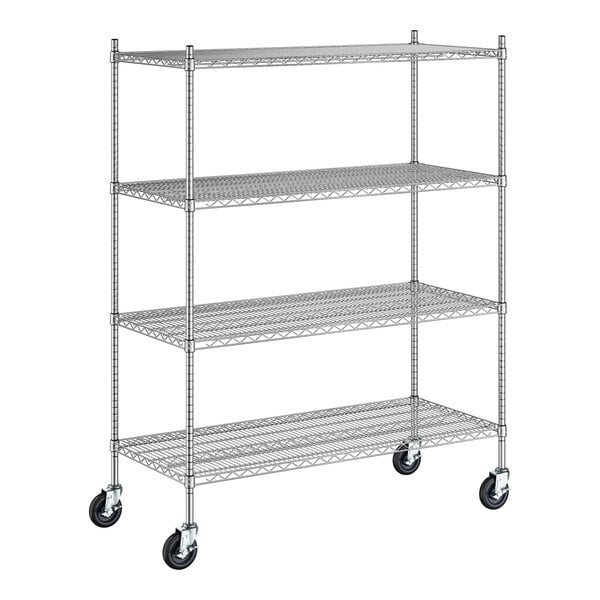 A Regency stainless steel wire shelving unit with wheels.