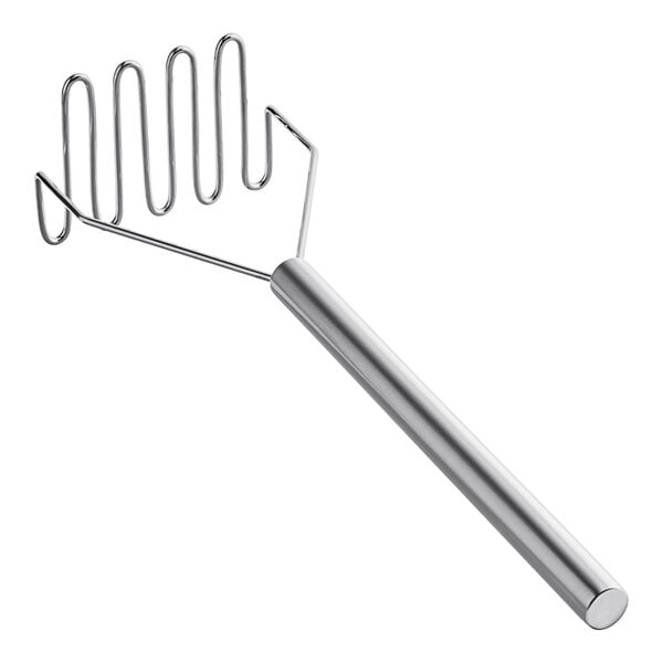 A silver stainless steel square-faced potato masher with a handle.