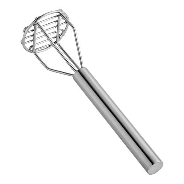 A stainless steel round-faced potato masher with a round handle.