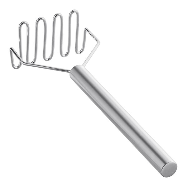 A silver stainless steel square-faced potato masher with a handle.