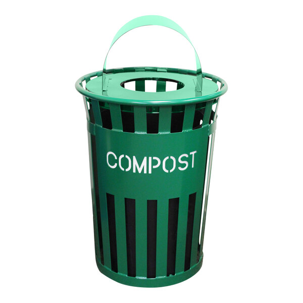 A green Witt Industries outdoor compost receptacle with a metal hood top lid.