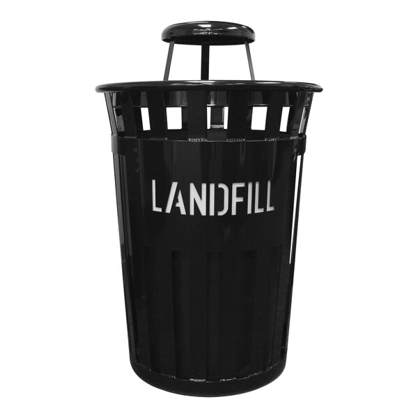 A black Witt Industries outdoor landfill receptacle with white text.