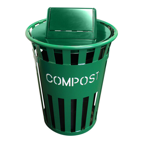 A green metal Witt Industries outdoor compost receptacle with a swing top lid.