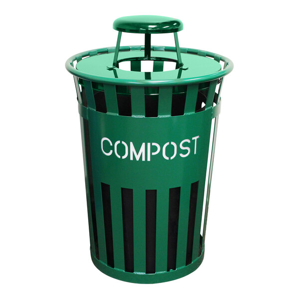 A green Witt Industries outdoor compost receptacle with rain cap lid.