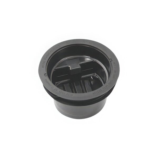 A black plastic cup with a black lid and a hole in the bottom.