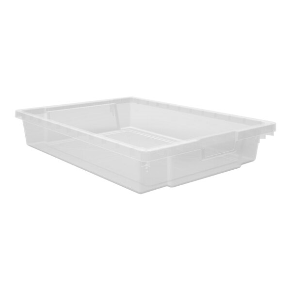 A clear plastic rectangular storage bin with a square bottom.