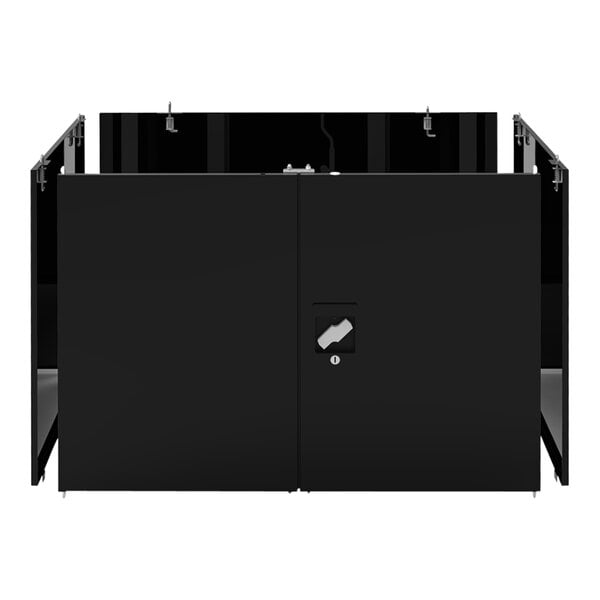 A black rectangular steel cabinet with a lock and white square door handles.
