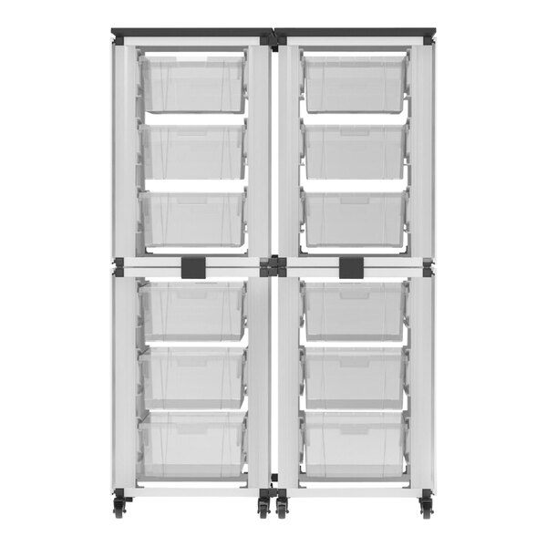 A black and white Luxor storage cabinet with whiteboards and pegboards and large bins.