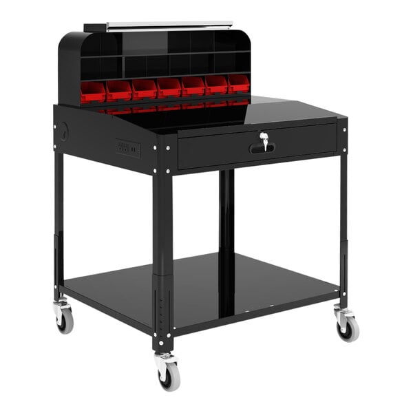A black steel mobile shop desk with a pigeonhole bin unit and adjustable height.