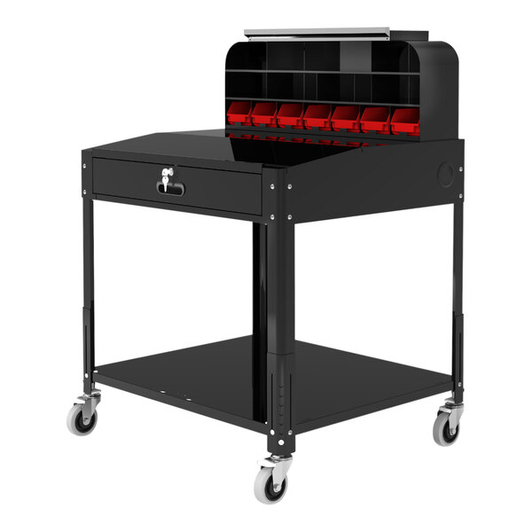 A black steel Luxor mobile shop desk with pigeonhole bin unit and wheels.