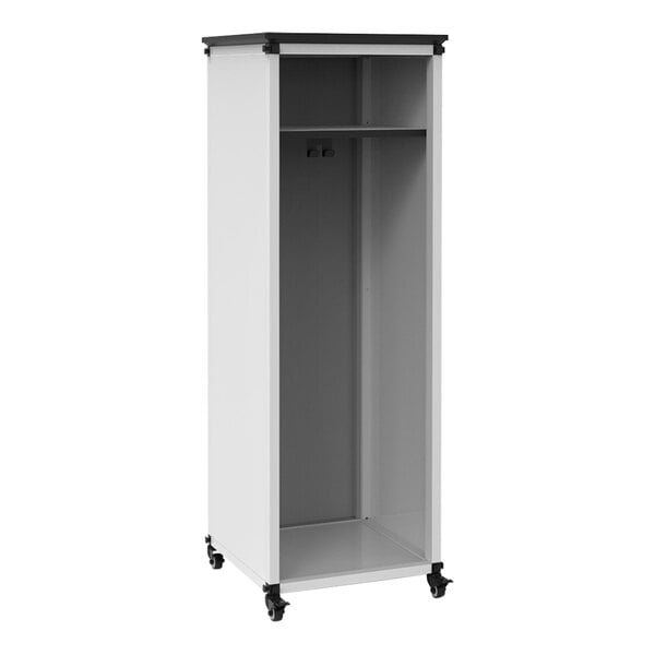A white and black metal Luxor teacher storage cabinet with wheels.