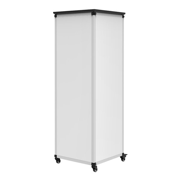 A white rectangular Luxor cabinet with black corners and wheels.