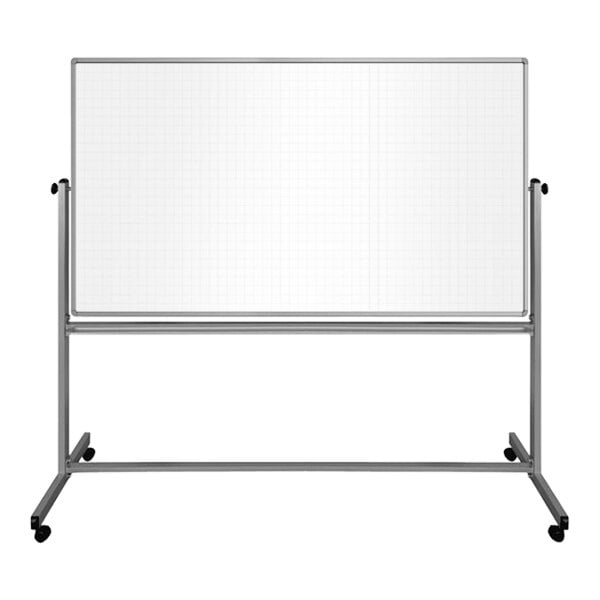 A Luxor whiteboard with a grid on a mobile stand with an aluminum frame.