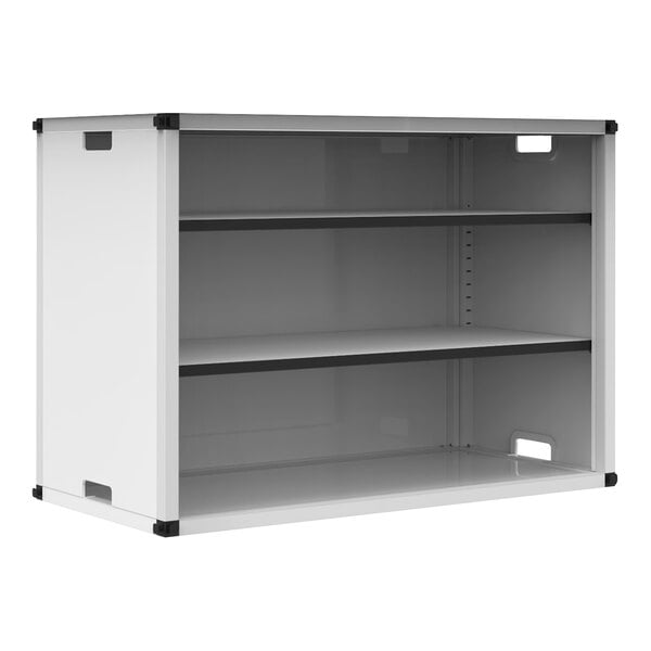 A white steel rectangular Luxor bookcase add-on with black shelves.