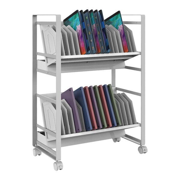 A white Luxor charging cart with tablets and tablet cases on shelves.