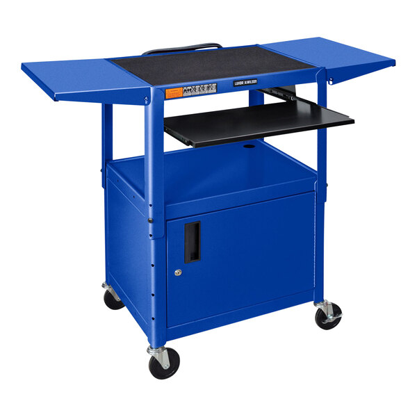 A blue Luxor AV cart with black shelves holding a laptop.