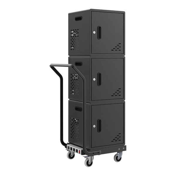 A black metal box on a dolly with a handle.