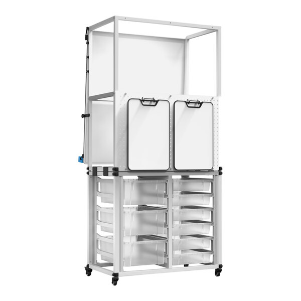 A white metal cart with drawers.