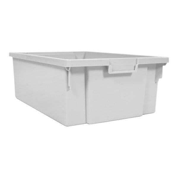 A gray plastic stackable storage bin with a lid.