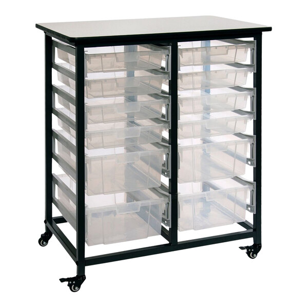 A black metal Luxor storage cart with clear plastic bins.