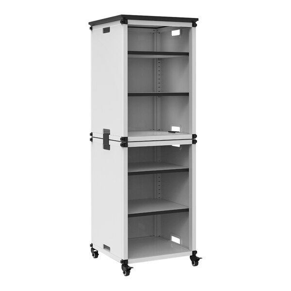 A white and black steel mobile classroom bookcase with wheels.