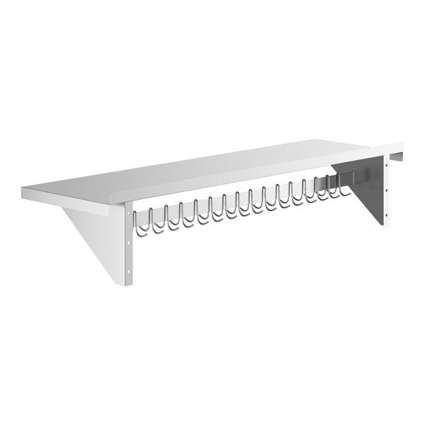 A white metal rack with a white shelf and hooks.