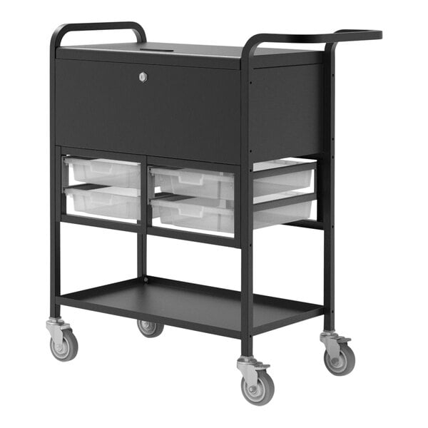 A black file cart with a shelf and three drawers.