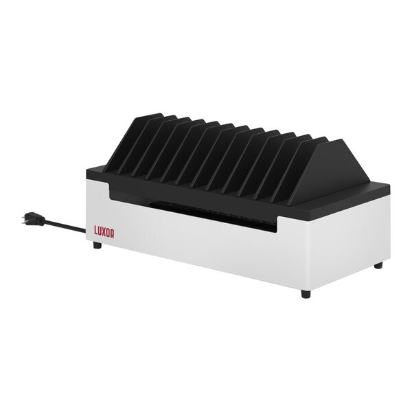 A black and white rectangular Luxor charging station with 12 black slots.