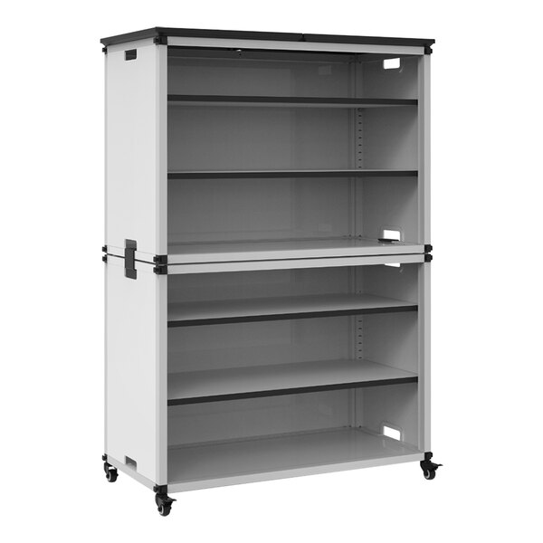 A white metal Luxor double stacked classroom bookcase with black shelves on wheels.