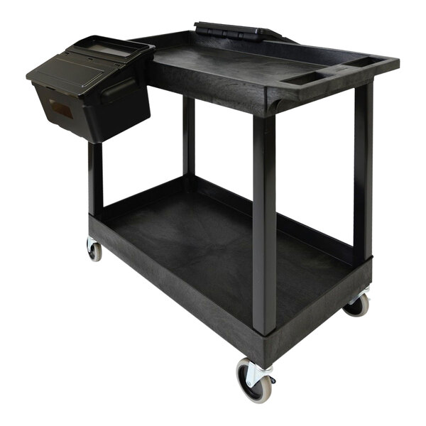 A black Luxor utility cart with black tub shelves and black outrigger bins.